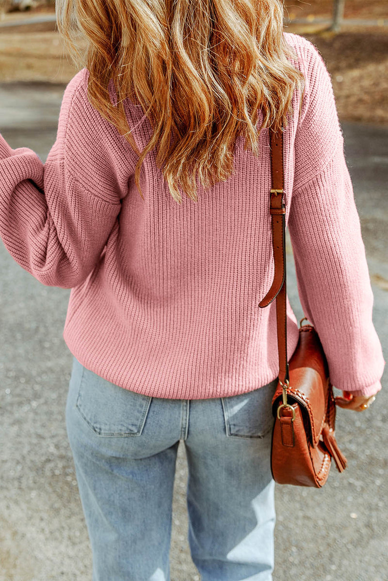 Pink V Neck Drop Shoulder Knitted Sweater