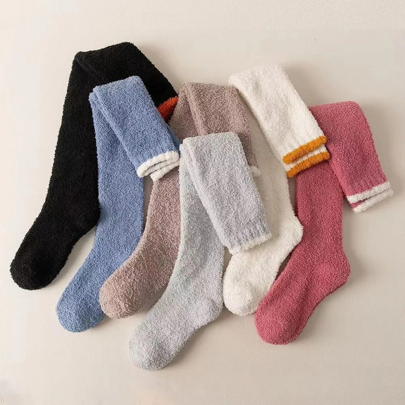 Winter Warm Coral Fleece Over-knee High Socks for Women Plush Home Sleep Floor Long Socking Jk Solid Soft Thigh High Fun Sock