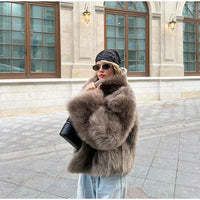 Lapel Brown Women Short Faux Fur Coat Luxurious Fluffy Long Sleeve Warm Jacket 2024 Autumn Winter Lady Solid High Street Outwear