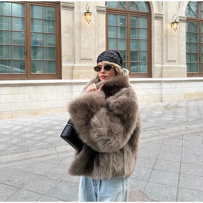 Lapel Brown Women Short Faux Fur Coat Luxurious Fluffy Long Sleeve Warm Jacket 2024 Autumn Winter Lady Solid High Street Outwear