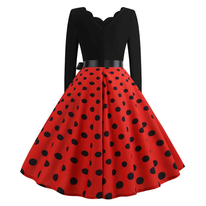 Women Vintage Long Sleeve Polka Dot Dress Spring Autumn New Year Party Dresses 3XL Black Vestidos