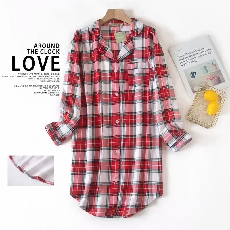 Flannel Cotton Home Nightdress Cardigan Shirt Night Dress Cute Cartoon Plaid Design Sleepwear Fashion Sleeping Shirt Woman