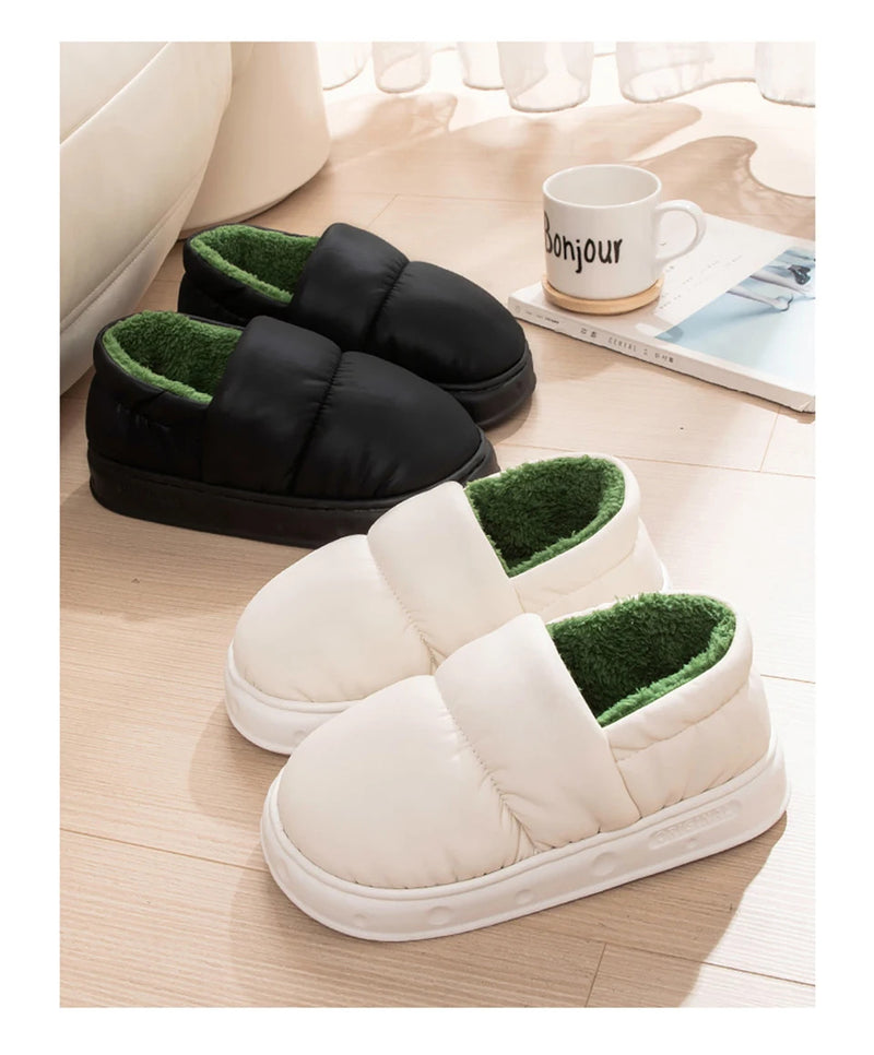 Feslishoet Men Winter Cotton Slippers Waterproof Anti Slip Thick Bottom Shoes Couple Home Use Plush Cotton Slippers Women