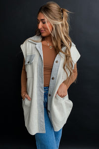 Light Grey Flap Pockets Contrast Buttons Front Jacket Vest