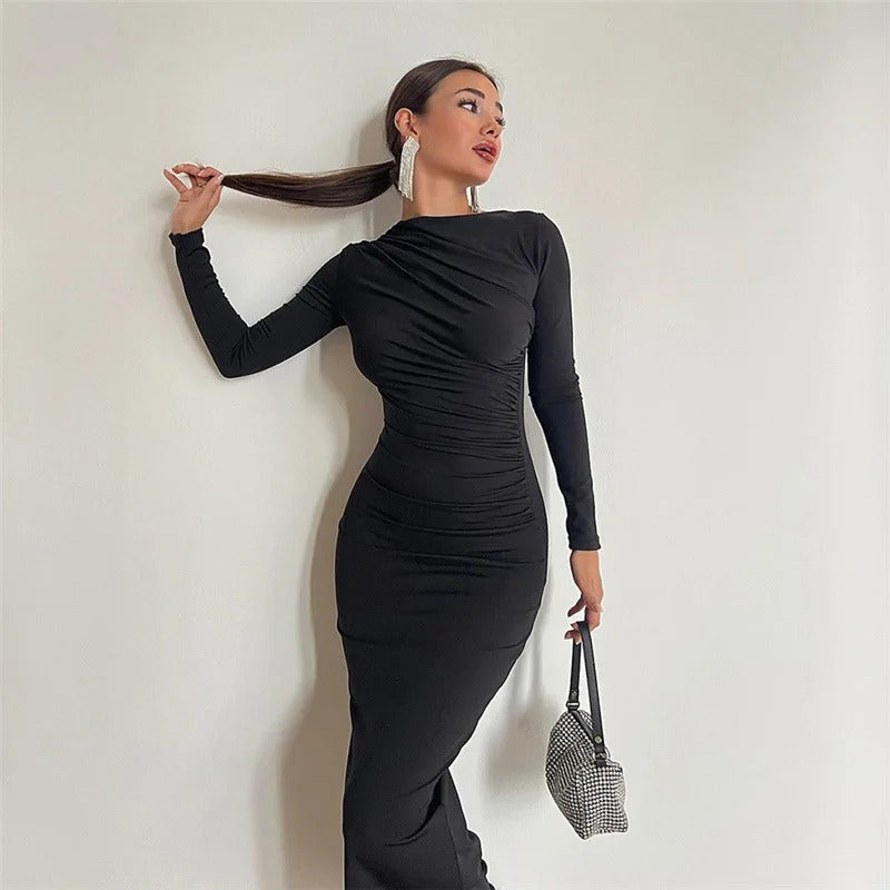 Cryptographic Autumn Elegant Ruched Long Bodycon Dress Fashion Outfits for Women Club Party Slinky Sexy Dresses Birthday Robes