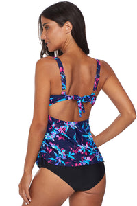 Blue Floral Print Gather Ruched Tankini Set