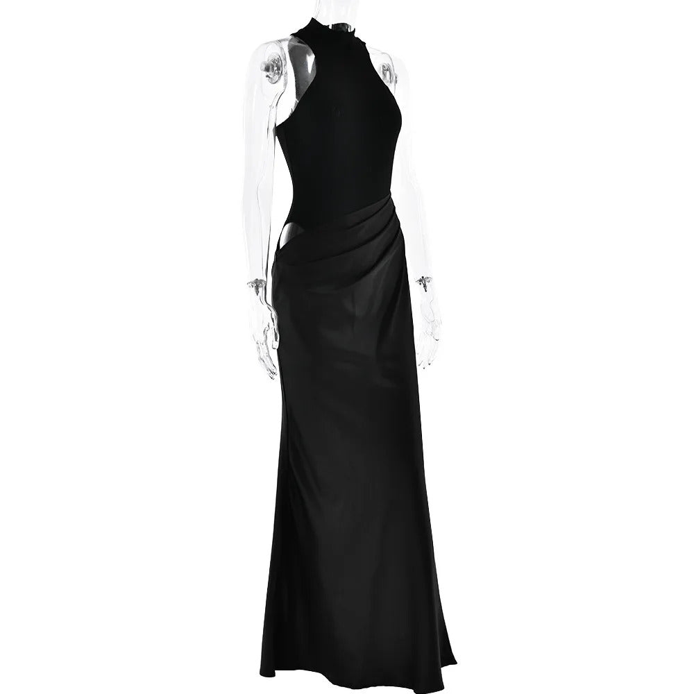 JULISSA MO Satin Sexy Hollow Out Women Maxi Dress Black Sleeveless High Waist Dress Female Autumn Skinny Elegant Party Clubwear