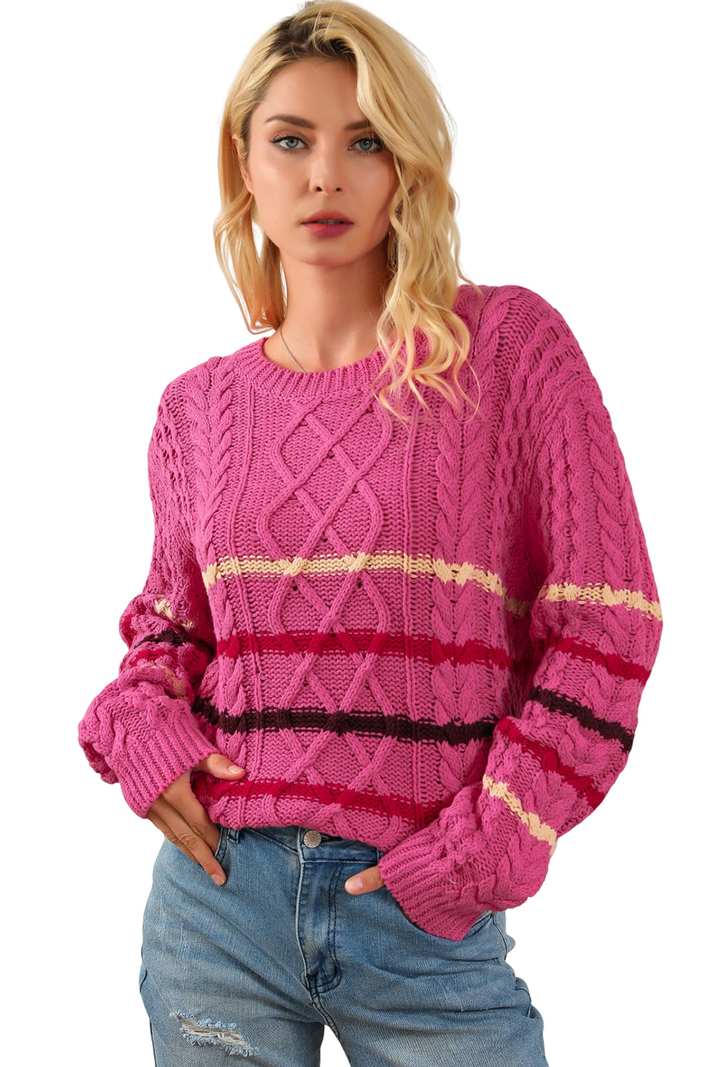 Rose Striped Color Block Textured Knit Pullover Sweater