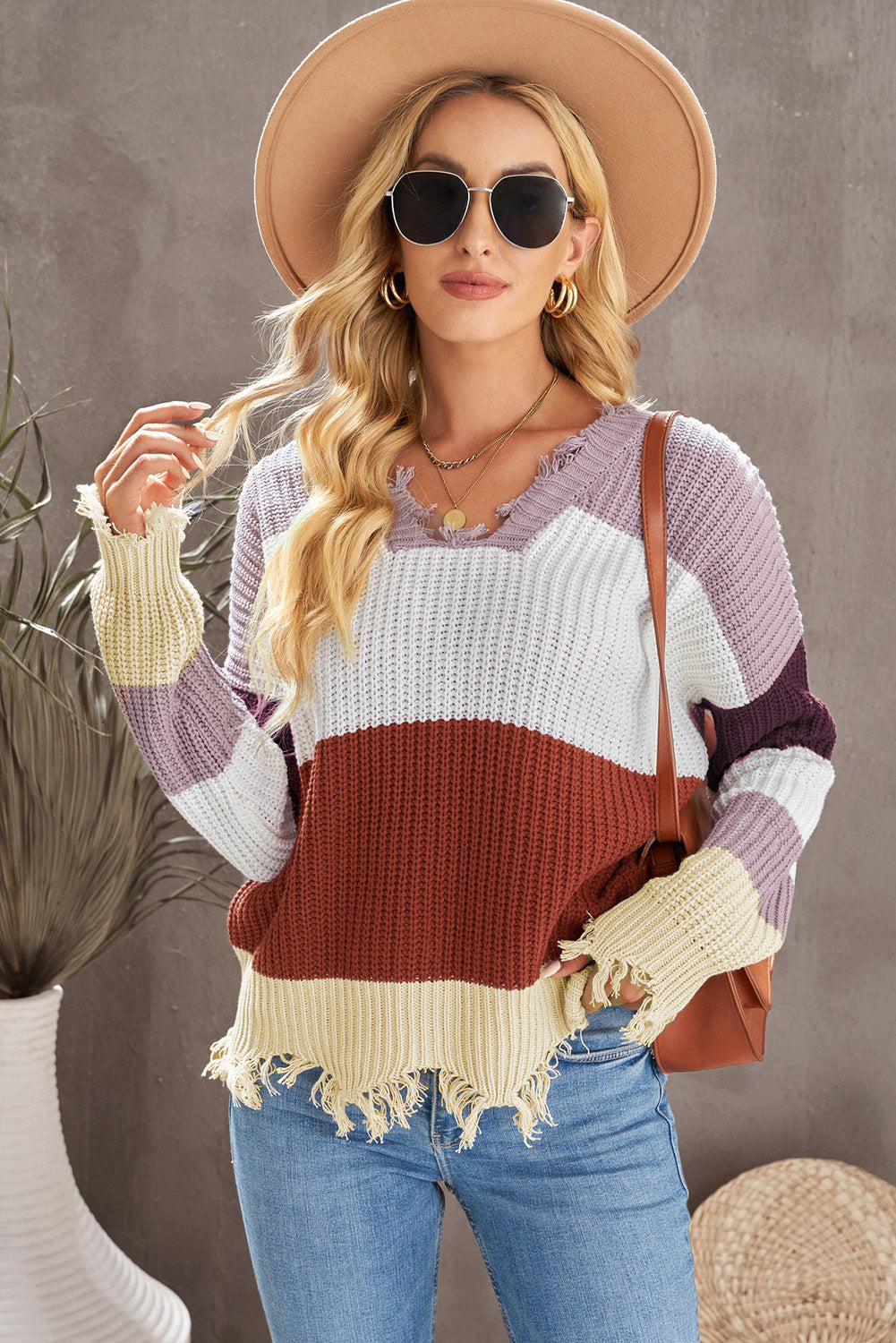 Gray Colorblock Distressed Sweater