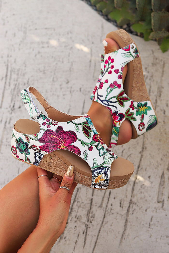 Floral PU Leather Hollow Out Rivet Wedge Sandals