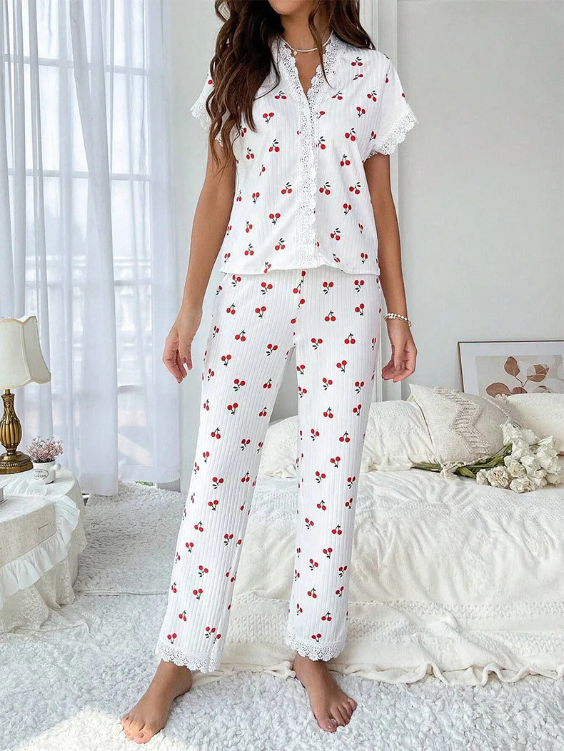 Lace Trim Women Pajama Set Short Sleeve Front Button Top & Full-Length Pants Cherry Print 2 Pieces Sleepwear Nightwear Homewear