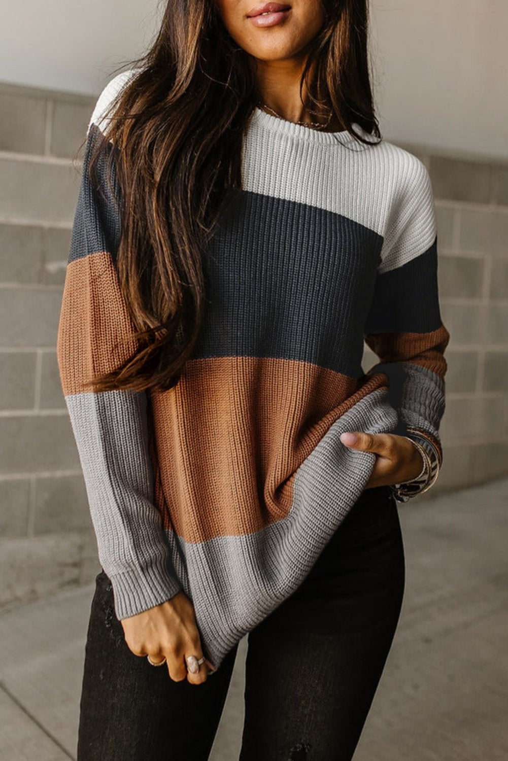 Chestnut Color Block Knitted O-neck Pullover Sweater