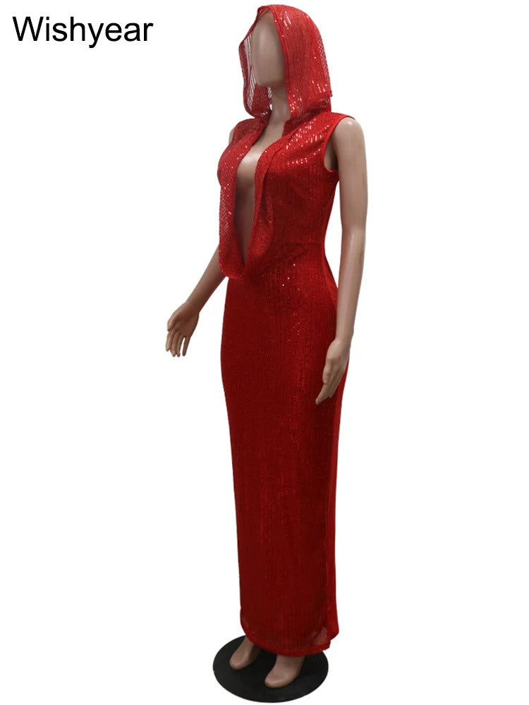 New Luxury Birthday Red Hooded Dress for Women Sexy Deep V Neck Sequins Glitter Mesh See Through Back Open Sparkly Evening Robe