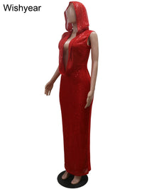 New Luxury Birthday Red Hooded Dress for Women Sexy Deep V Neck Sequins Glitter Mesh See Through Back Open Sparkly Evening Robe