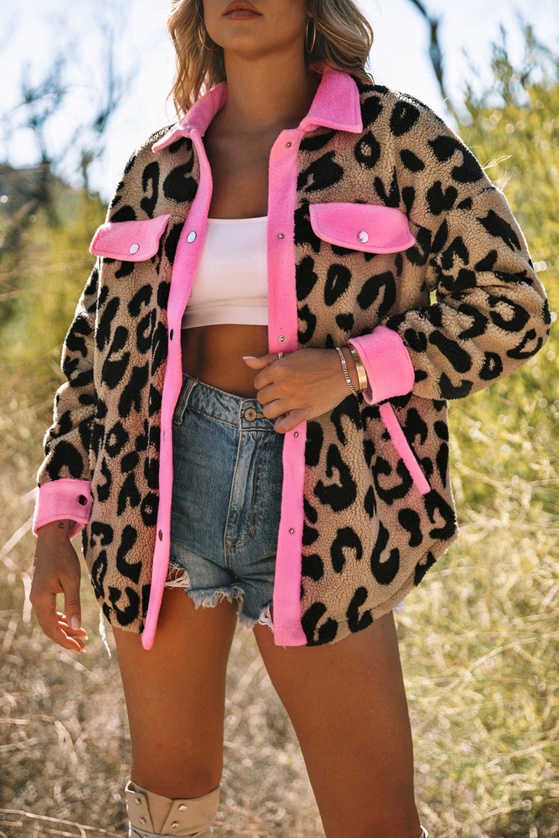 Leopard Contrast Trimmed Leopard Teddy Shacket