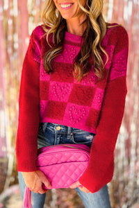 Multicolor Checkered Pattern Heart Detail Textured Sweater