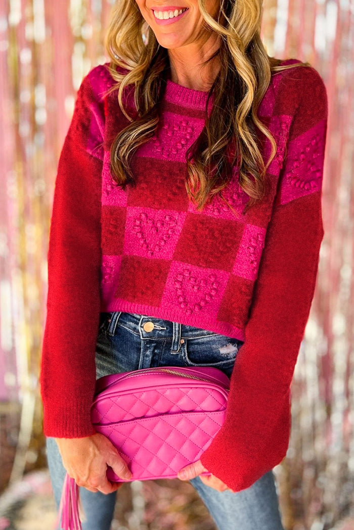 Multicolor Checkered Pattern Heart Detail Textured Sweater