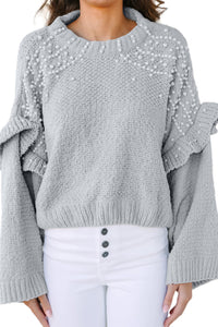 Gray Pearl Embellished Ruffle Wide Sleeve Sweater