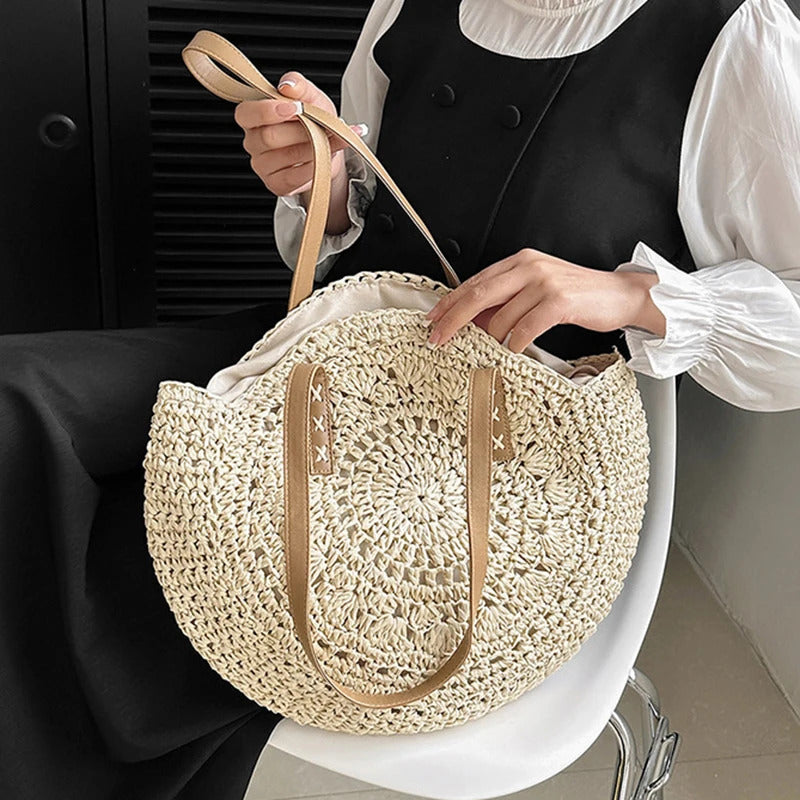 Summer Round Straw Women Vacation Woven Beach Shoulder Bag Large Capacity Hollow Out Simple Tote Bag