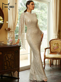 Missord Elegant Apricot Sequin Muslim Party Dress Women Split Sleeve High Neck Bodycon Dubai Evening Dresses Prom Gown