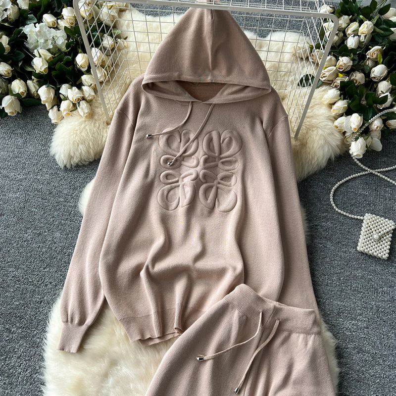 SINGREINY Lazy Casual Knit Two Pieces Set Women Autumn Winter Long Sleeve 3D Texture Printed Hoodies+Drawstring Pants 2pcs Suits