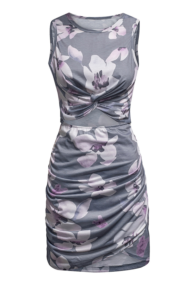 Gray Floral Print Hollow Out Wrap Tie Mini Dress