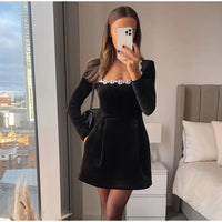 Solid Square Collar Long Sleeve Velvet Gown Elegant High Waist A-line Beaded Dresses New Lady Christmas Evening Party Vestidos ﻿