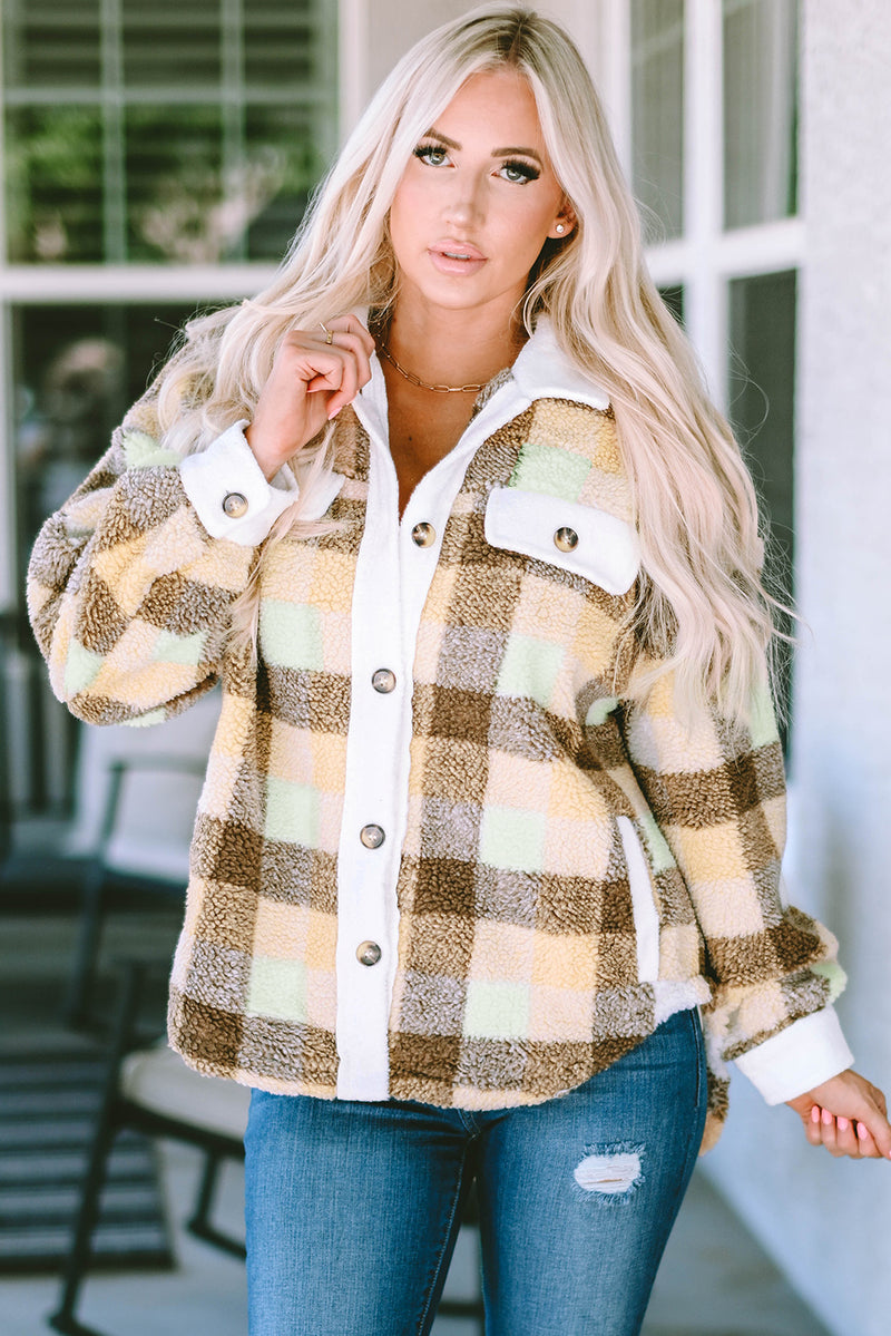 Khaki Plaid Sherpa Flap Pocket Shacket