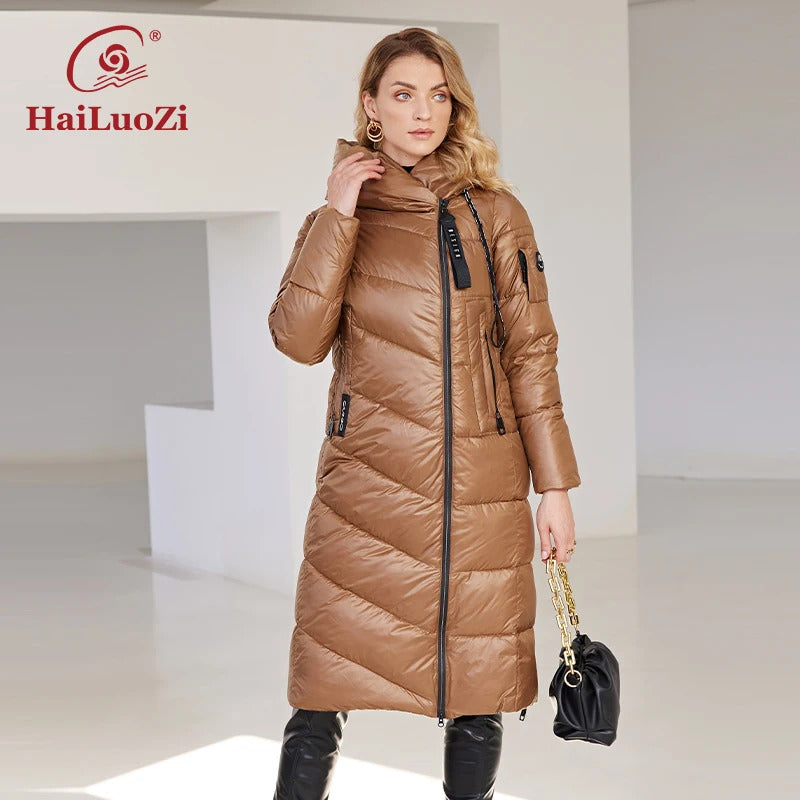 HaiLuoZi 2024 New Women's Winter Jacket Long Warm Windproof Hooded Zipper Quilted Casual Slim Cotton Lady Parkas Women Coat 6055