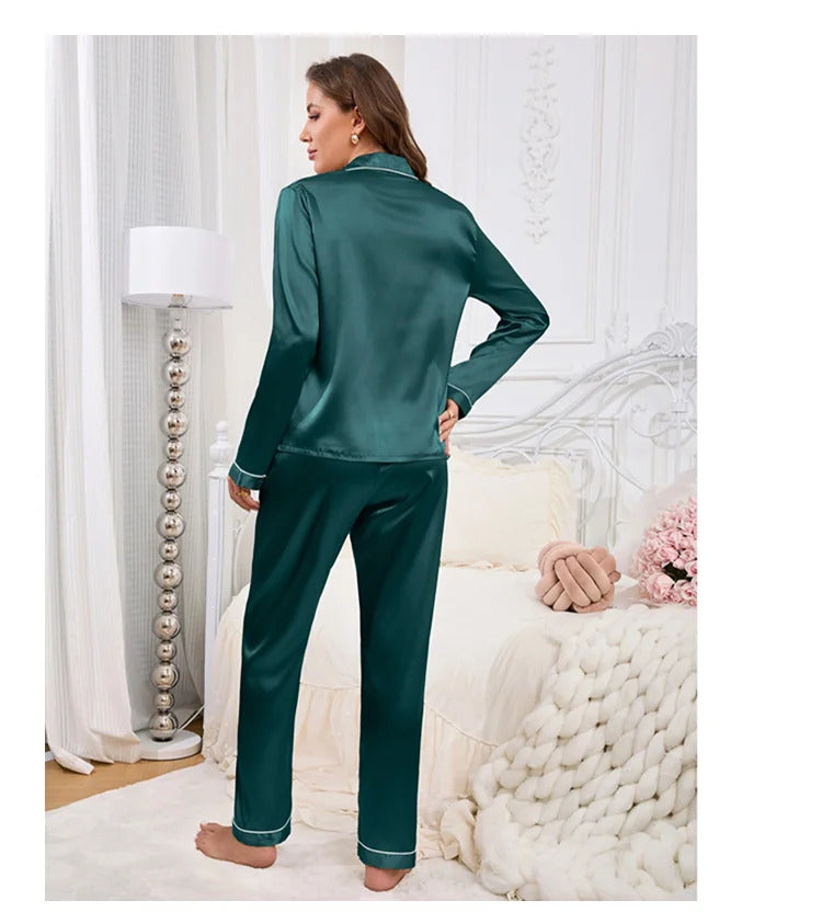 Autumn Satin Pajama for Women Heart-shaped Embroidery Sleepwear & Loungewear Long Sleeve Top & Pants Home Clothes Pyjama 2 Piece