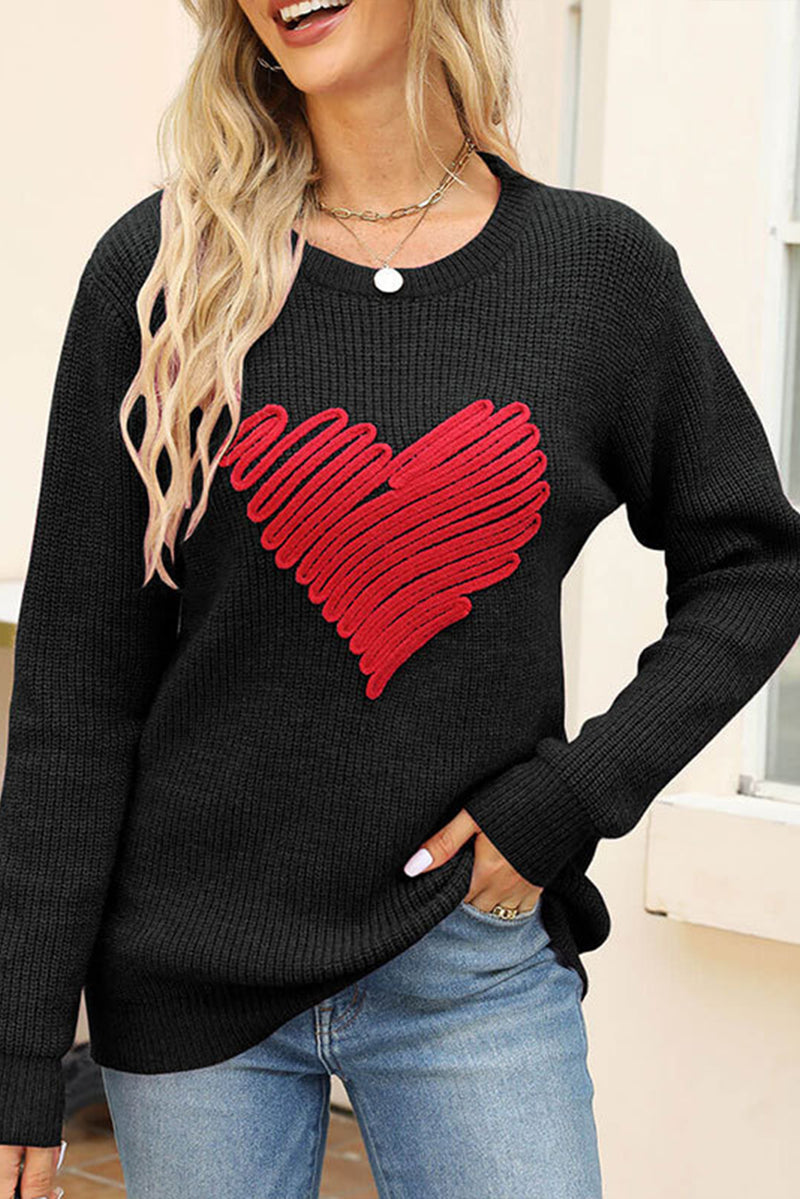 Black Valentines Heart Sketch Round Neck Sweater