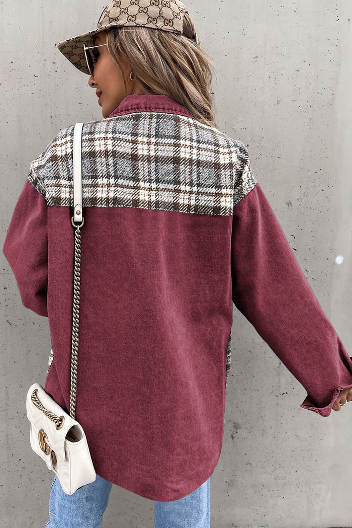 Fiery Red Plaid Patchwork Pockets Denim Jacket