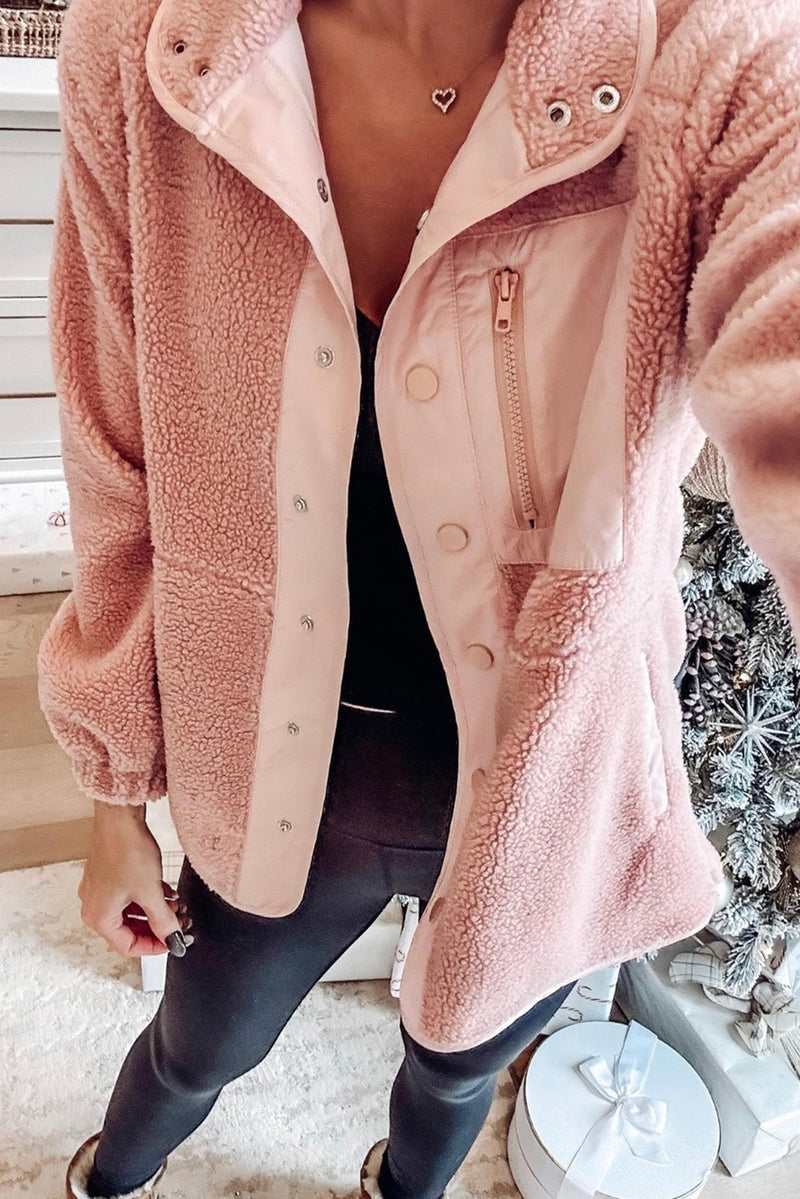 Pink Sherpa Contrast Trim Zipped Pocket Jacket