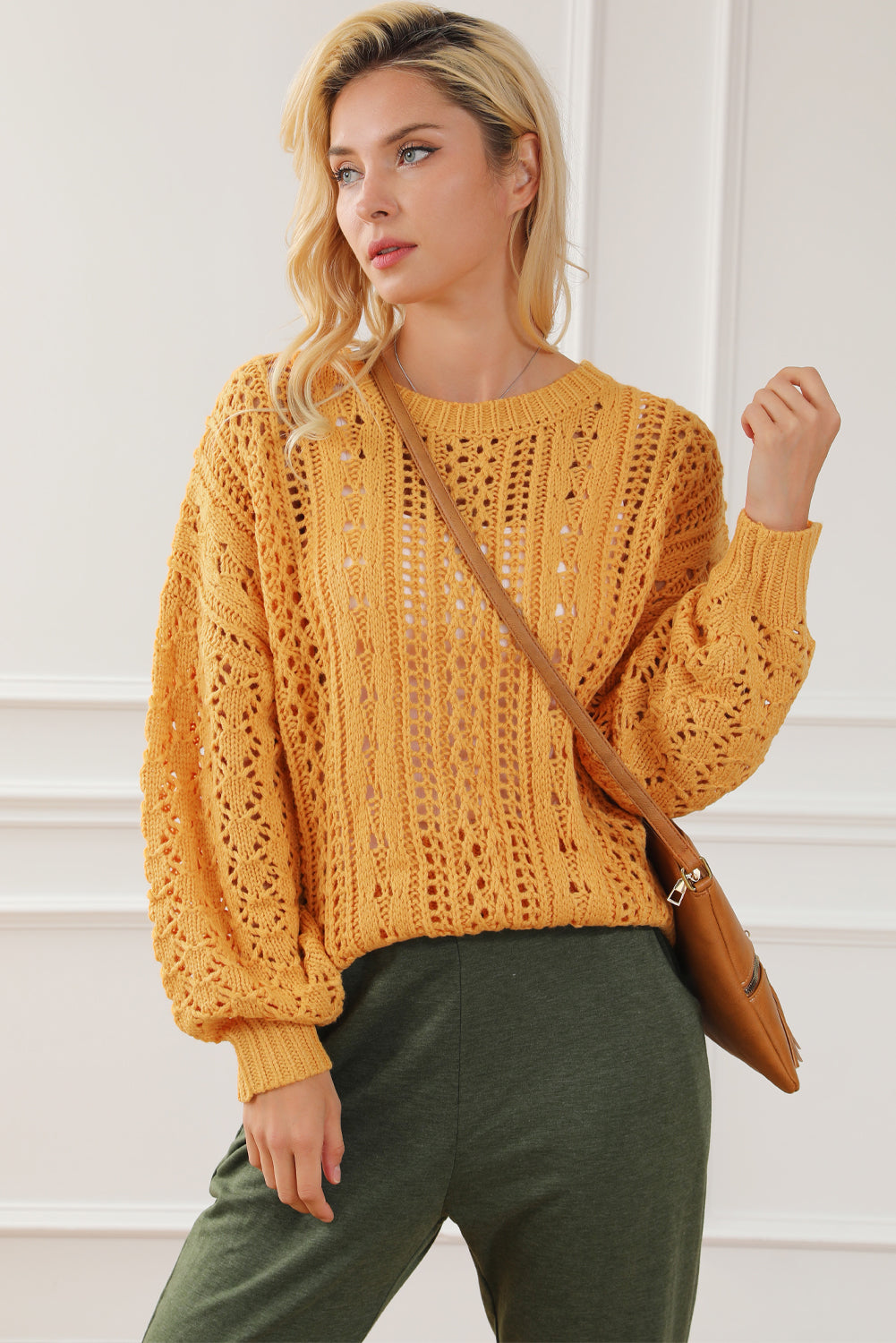 Ginger Cable Knit Hollow Out Drop Shoulder Sweater