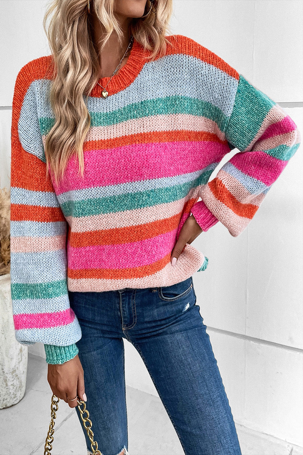 Multicolour Striped Knit Drop Shoulder Puff Sleeve Sweater