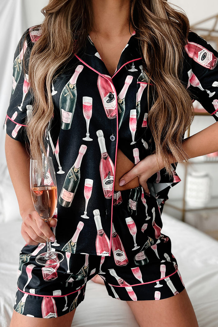 Black Champagne Print Silky Short Sleeve Pajamas Set