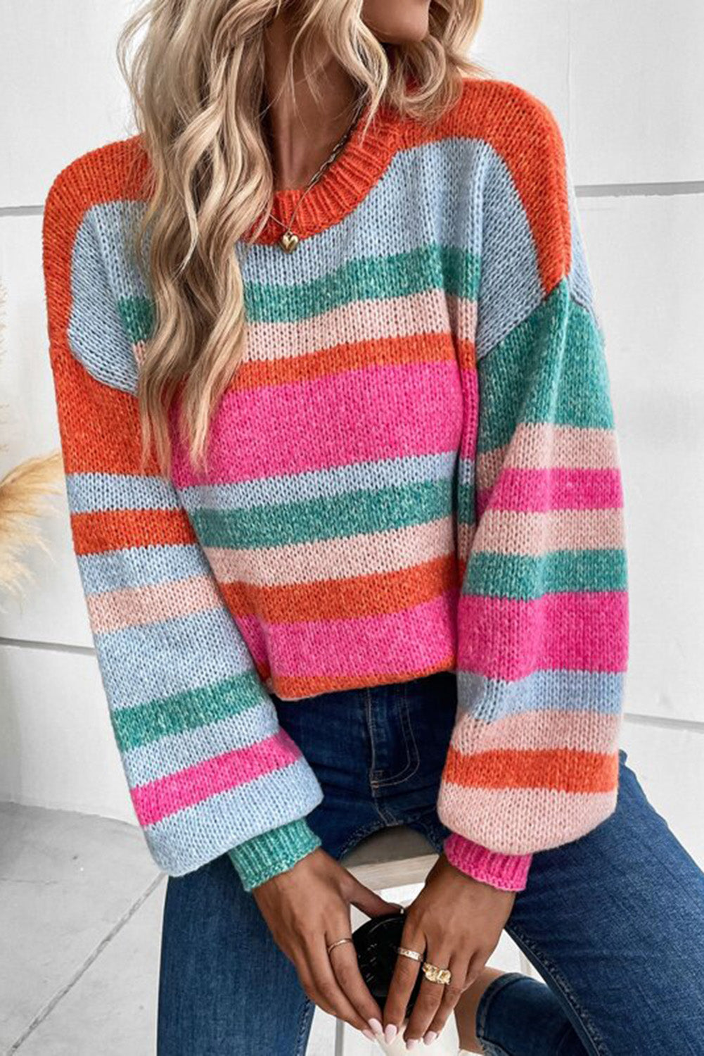 Multicolour Striped Knit Drop Shoulder Puff Sleeve Sweater