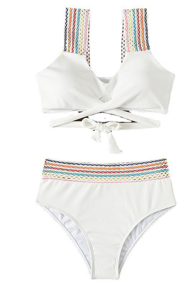 White Ricrac Trim Crossover Ribbed High Waist Bikini