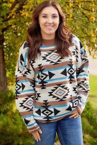 Multicolour Aztec Knit Drop Shoulder Plus Size Sweater