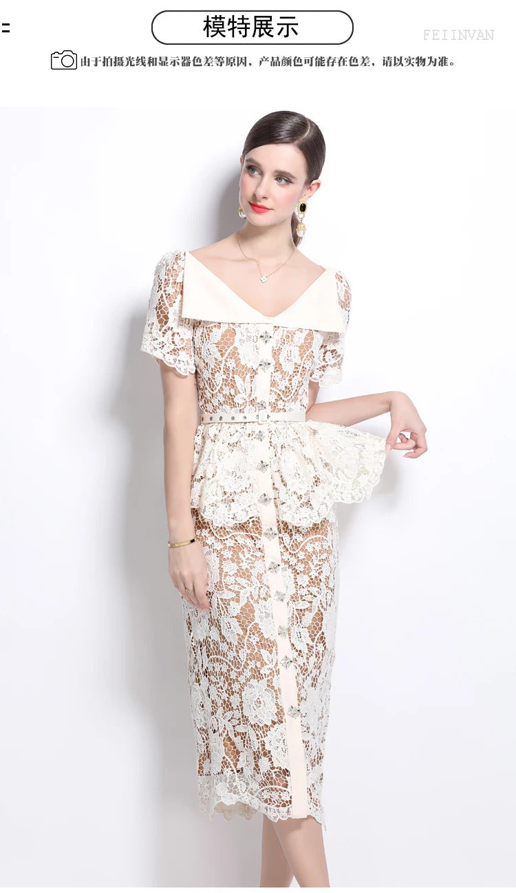 Quality Summer Beaded Diamonds Embroidery Beige White Lace Evening Dress Women Short Sleeve Ruffle Peplum Midi Prom Dresses Long