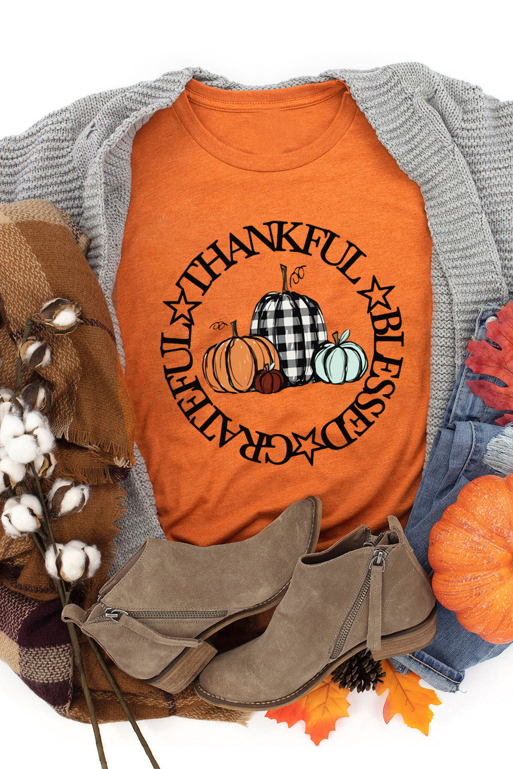 Orange Thankful Blessed Grateful Pumpkin Graphic T Shirt