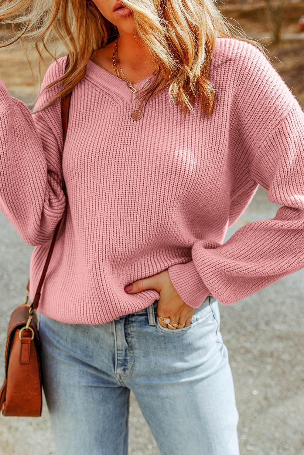 Pink V Neck Drop Shoulder Knitted Sweater