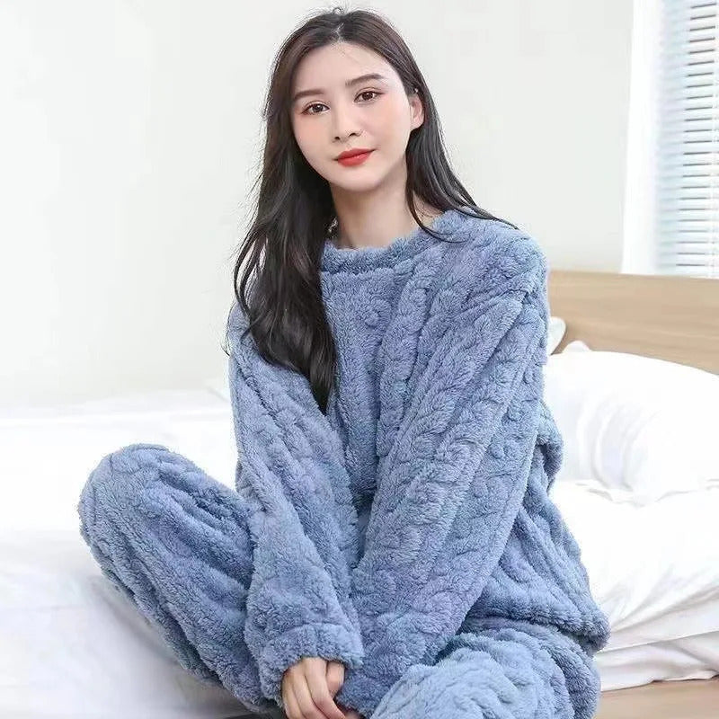 Thickened Warm Autumn and Winter Flannel Pajamas Women Long-Sleeved Solid Striped Homewear Black Plus Size School Loungewear