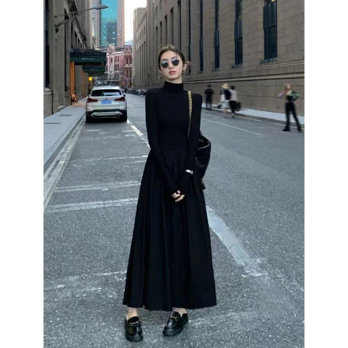 With Coat Knitted Fishtail Dress Women Autumn and Winter Long Hepburn Sle Black Dress Slim fit Inner wear Bottoming Sweater...