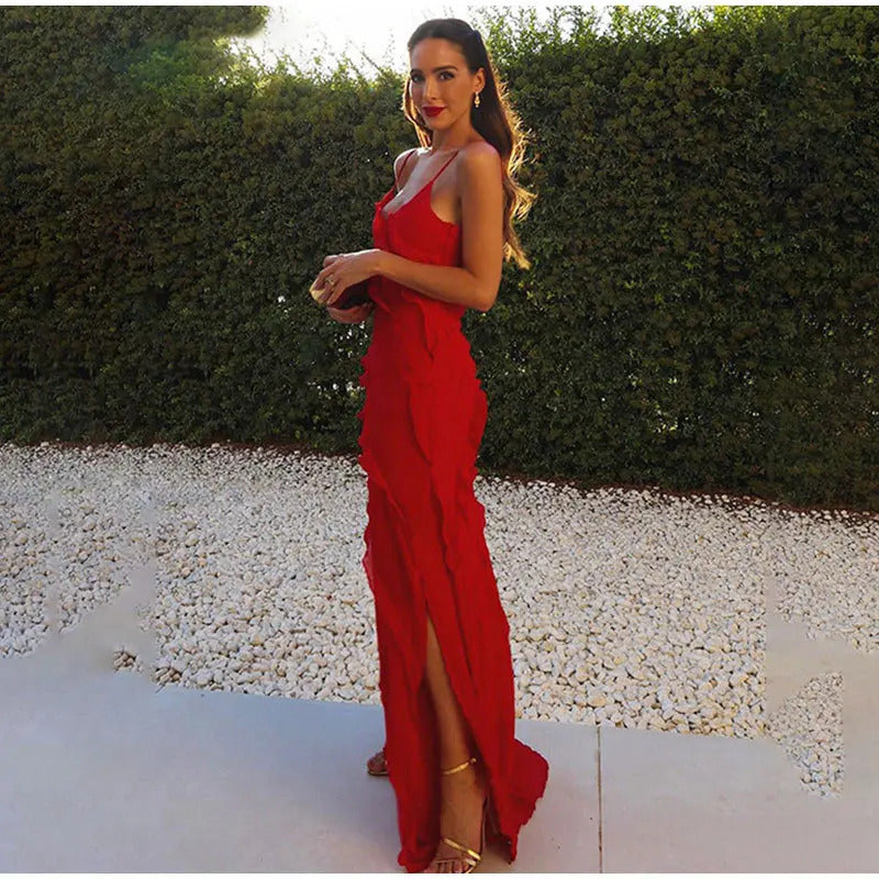 2024 Elegant Red Chiffon Slip Dresses for Women Sexy Spaghetti Strap Backless Lace-up Ruffles Long Maxi Evening Party Prom Dress