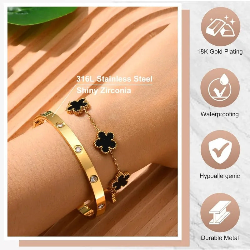 2 Pcs Women's Stackable Gold Bracelets Bangle Jewelry Set 14K Gold Plated Floral Non Tarnish Cubic Zirconia Bangle Luxury Gift