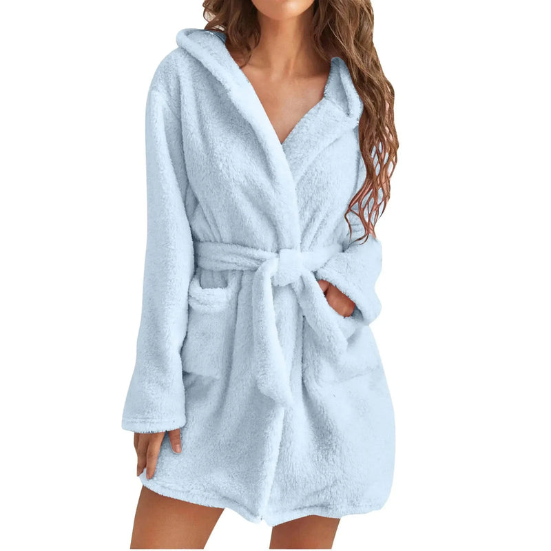 Women Bath Robe Winter Fluffy Plush Pyjamas Ladies Sexy Hooded Dressing Solid Color Gown Warm Bathrobe Female Home Clothing