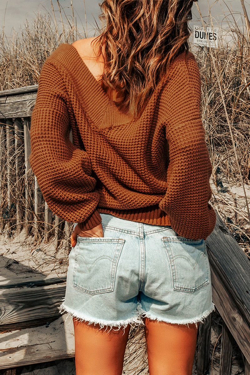 Brown Ribbed V Neck Drop Shoulder Textured Knit Sweater