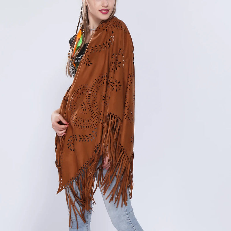 Women's Loose Suede Fringe Open Poncho Cloak Shawl Wrap with Punch Hole Patterns and Graceful Fringes Dropshipping