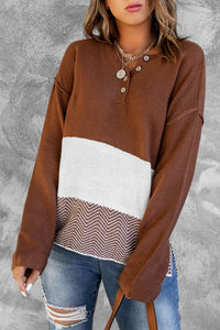 Brown Splicing Buttoned Knitted Long Sleeve Sweater